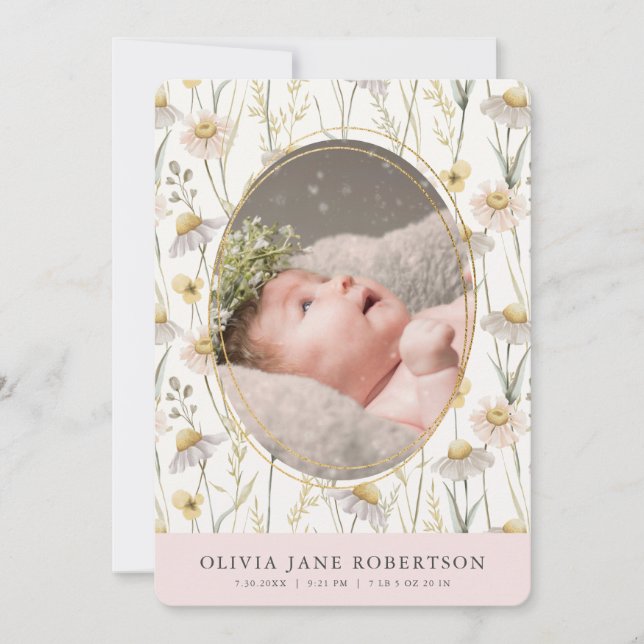 Chamomile Floral Girl Photo Birth Announcement (Front)