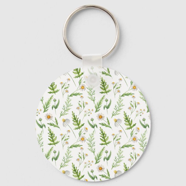 Chamomile Flower Botanical Rustic Pattern Keychain (Front)