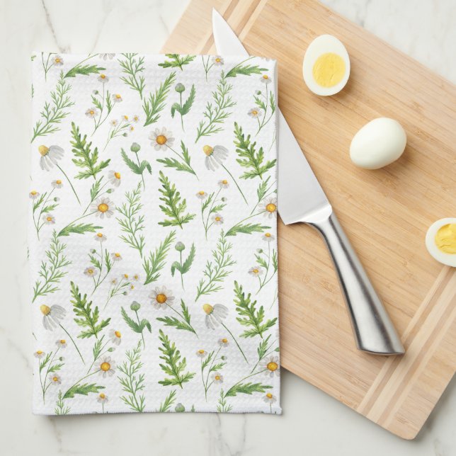 Chamomile Flower Botanical Rustic Pattern Kitchen Towel (Quarter Fold)