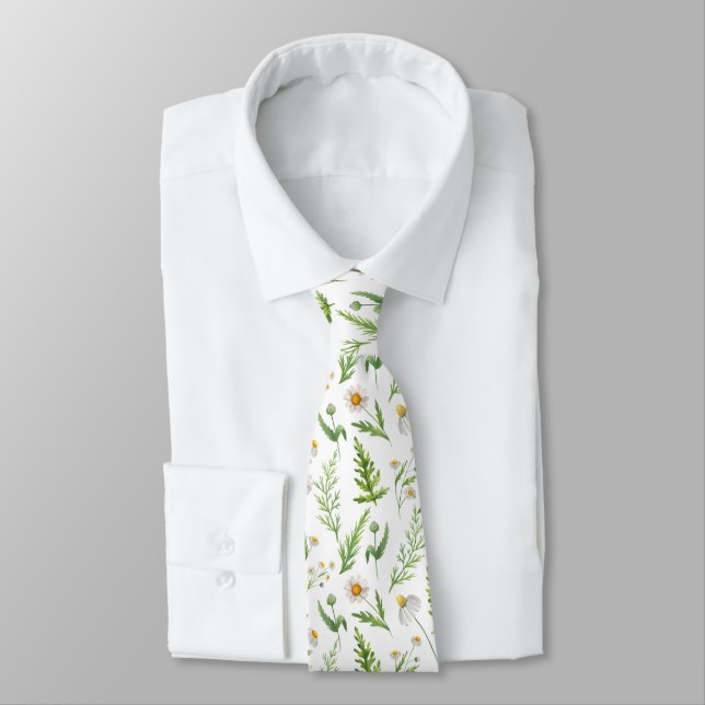 Chamomile Flower Botanical Rustic Pattern Neck Tie (Tied)