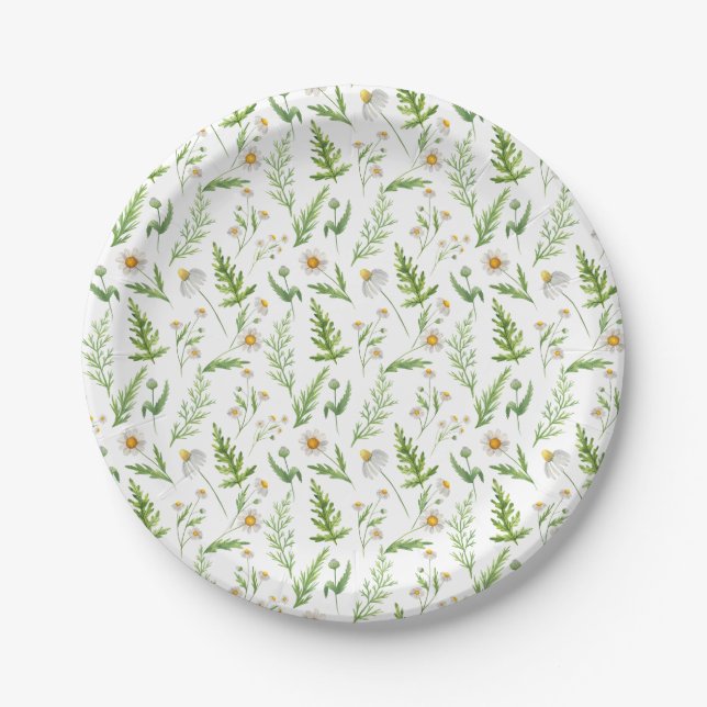 Chamomile Flower Botanical Rustic Pattern Paper Plates (Front)