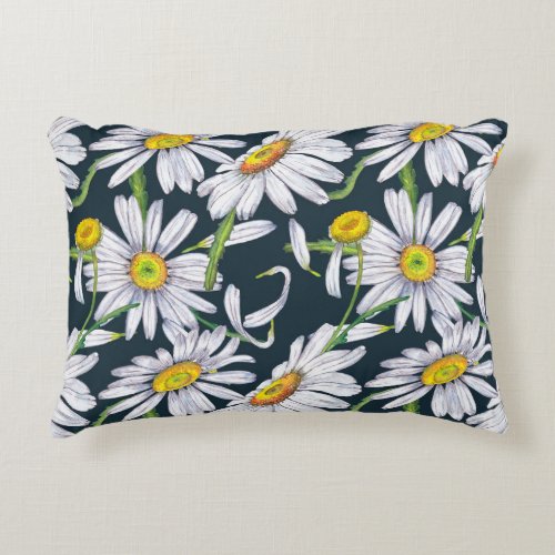 Chamomile Flowers Dark Blue Watercolor Accent Pillow
