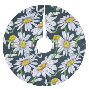 Chamomile Flowers: Dark Blue Watercolor. Brushed Polyester Tree Skirt