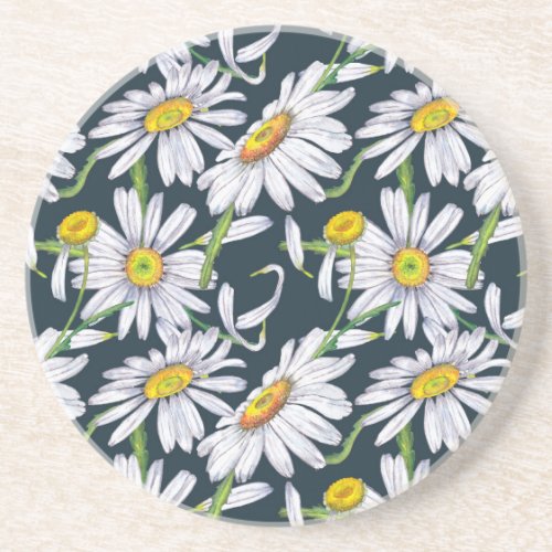 Chamomile Flowers Dark Blue Watercolor Coaster