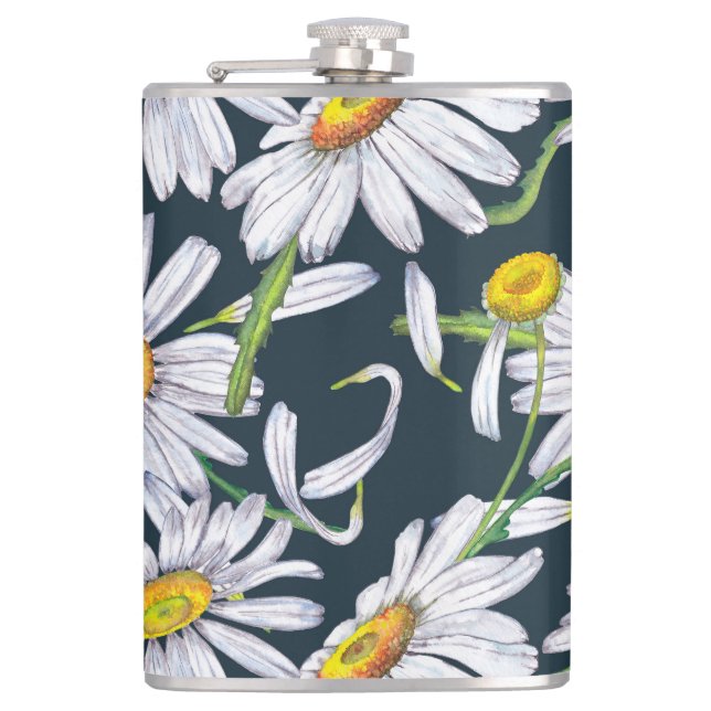Chamomile Flowers: Dark Blue Watercolor. Flask (Front)
