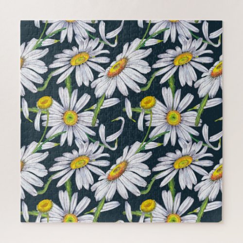 Chamomile Flowers Dark Blue Watercolor Jigsaw Puzzle