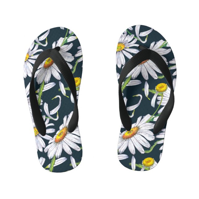 Chamomile Flowers: Dark Blue Watercolor. Kid's Flip Flops (Footbed)