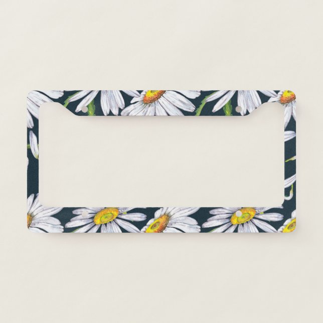 Chamomile Flowers: Dark Blue Watercolor. License Plate Frame (Front)
