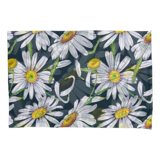 Chamomile Flowers: Dark Blue Watercolor. Pillow Case (Front)