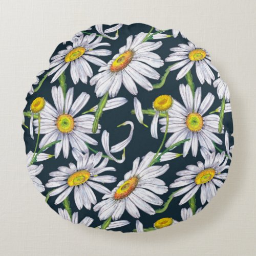 Chamomile Flowers Dark Blue Watercolor Round Pillow