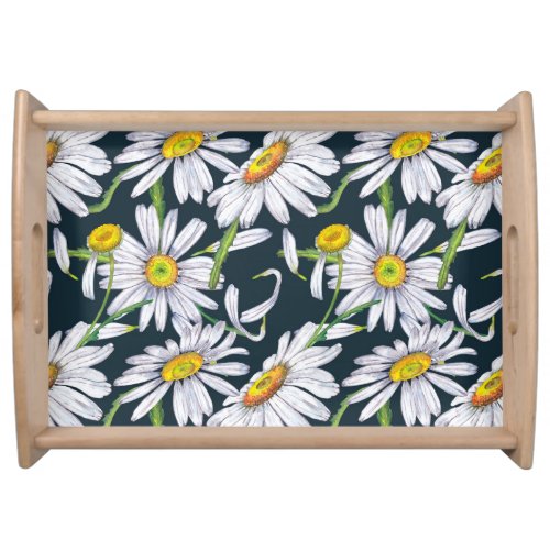 Chamomile Flowers Dark Blue Watercolor Serving Tray