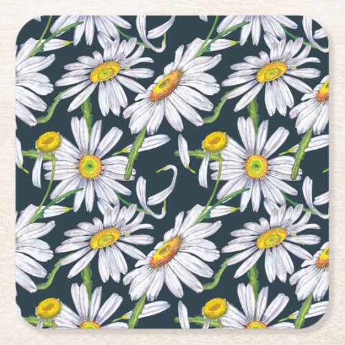 Chamomile Flowers Dark Blue Watercolor Square Paper Coaster