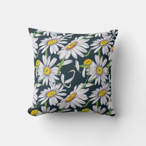 Chamomile Flowers Dark Blue Watercolor Throw Pillow