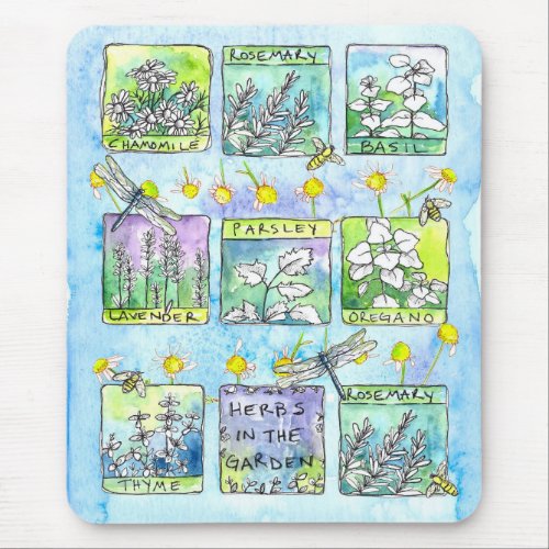 Chamomile Garden Herbs Dragonfly Bees Watercolor Mouse Pad