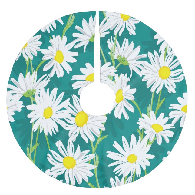 Chamomile Turquoise: Floral Seamless Illustration. Brushed Polyester Tree Skirt (Front)