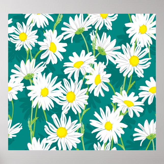 Chamomile Turquoise: Floral Seamless Illustration. Poster (Front)