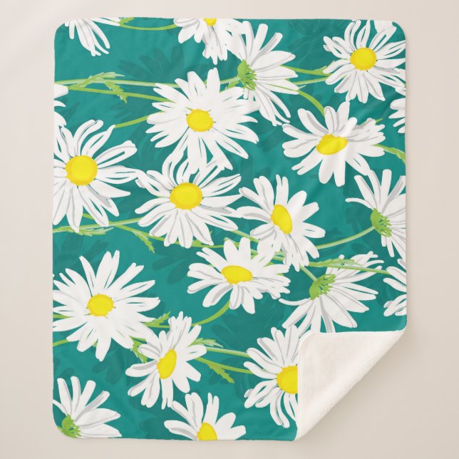 Chamomile Turquoise: Floral Seamless Illustration. Sherpa Blanket (Front)