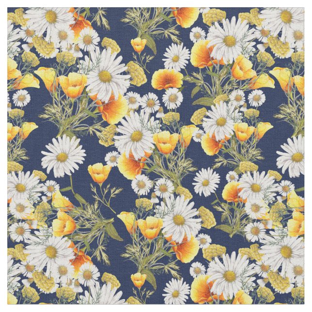 Chamomiles and Poppies Fabric (Close Up)