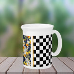 Chamomiles  Poppies and Checkerboard  Beverage Pitcher<br><div class="desc">Beautiful and artistic image features tons of colorful white chamomile daisy and orange poppy flowers on black background with black and white checkerboard border</div>
