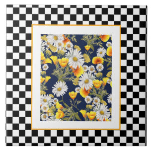 Chamomiles  Poppies and Checkerboard  Ceramic Tile