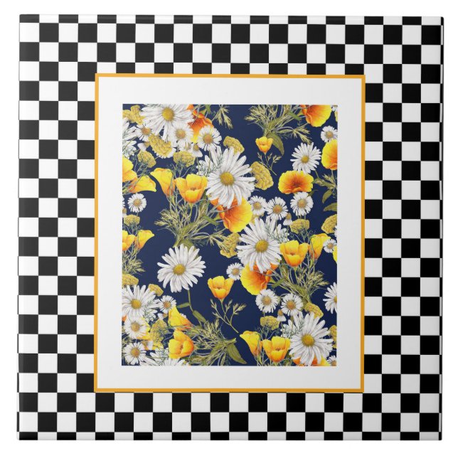 Chamomiles  Poppies and Checkerboard  Ceramic Tile (Front)