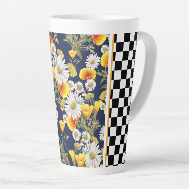 Chamomiles  Poppies and Checkerboard  Latte Mug (Right Angle)