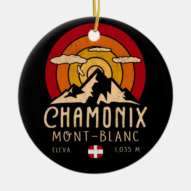 Chamonix France Retro Sunset Skiing Souvenirs 80s Ceramic Ornament (Front)