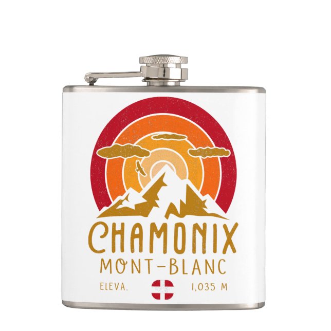 Chamonix France Retro Sunset Skiing Souvenirs 80s Flask (Front)