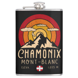 Chamonix France Retro Sunset Skiing Souvenirs 80s Flask
