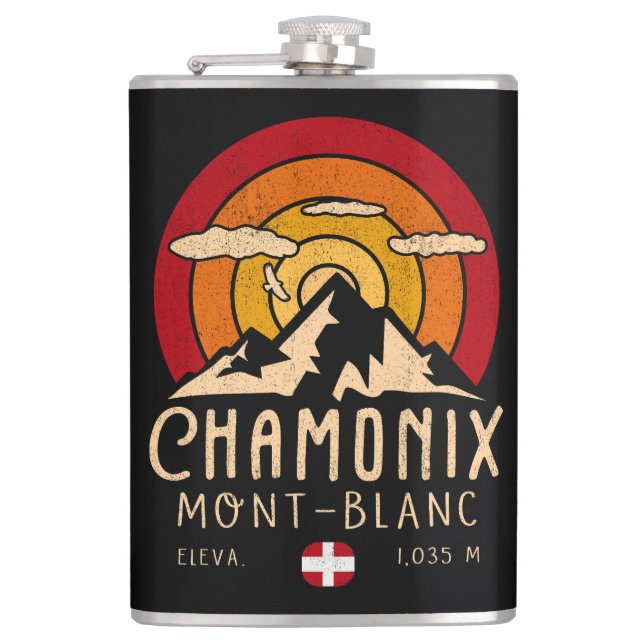 Chamonix France Retro Sunset Skiing Souvenirs 80s Flask (Front)