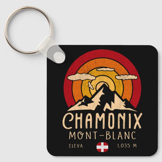 Chamonix France Retro Sunset Skiing Souvenirs 80s Keychain (Front)