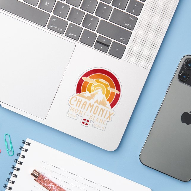 Chamonix France Retro Sunset Skiing Souvenirs 80s Sticker (Laptop w/ iPhone)