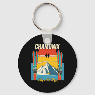 Chamonix France Ski All Day - Retro Vintage Style Keychain