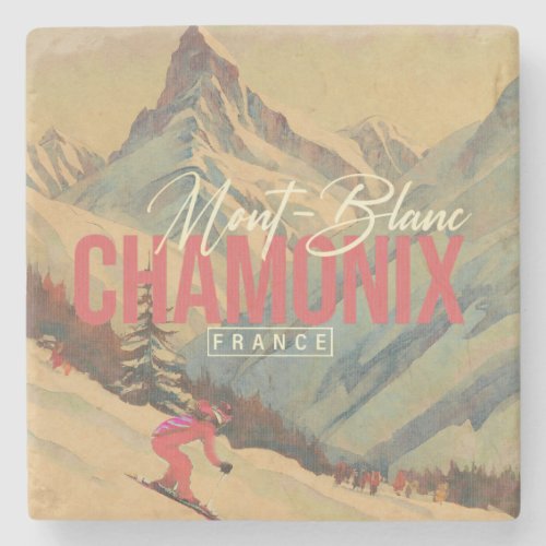 Chamonix France Vintage Mont Blanc Skiing 1950s Stone Coaster