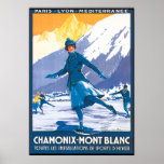 Chamonix Mont Blanc Skating Poster<br><div class="desc">A geat winter sports travel poster for Chamonix Mont Blanc. A woman in blue ice skating outdoors with the mountaions in the background. A Paris,  Lyon,  Mediterranee advertisement.</div>