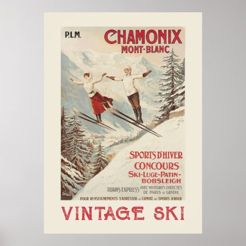 Chamonix Mont Blanc Vintage French Skiing Poster