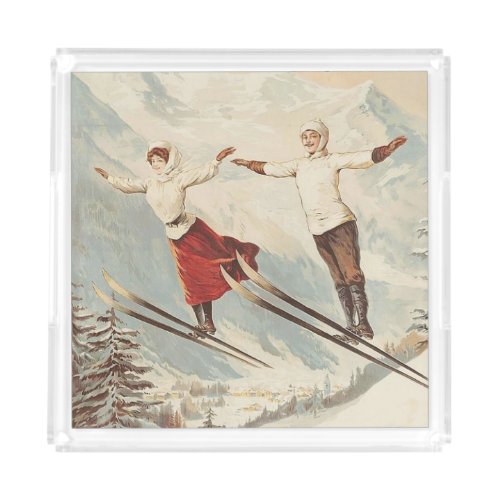Chamonix Mont Blanc Vintage French Skiing Poster Acrylic Tray