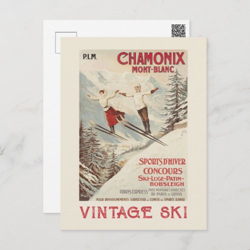Chamonix Mont Blanc Vintage French Skiing Poster Holiday Postcard