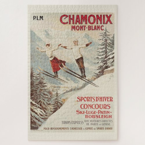 Chamonix Mont Blanc Vintage French Skiing Poster Jigsaw Puzzle