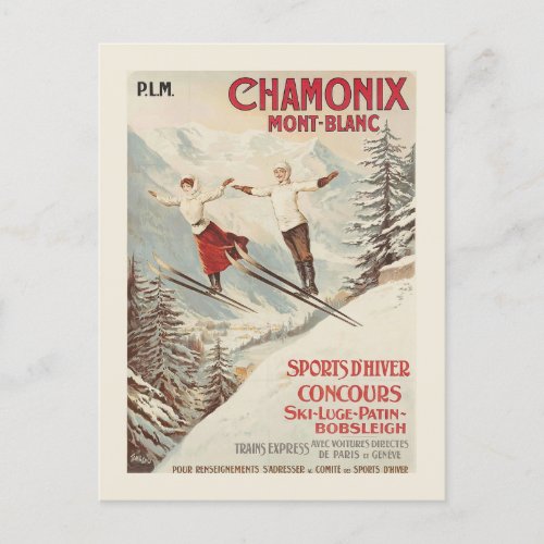 Chamonix Mont Blanc Vintage French Skiing Poster Postcard