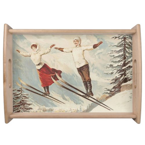 Chamonix Mont Blanc Vintage French Skiing Poster Serving Tray