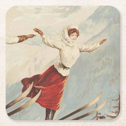 Chamonix Mont Blanc Vintage French Skiing Poster Square Paper Coaster