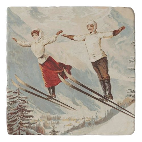 Chamonix Mont Blanc Vintage French Skiing Poster Trivet