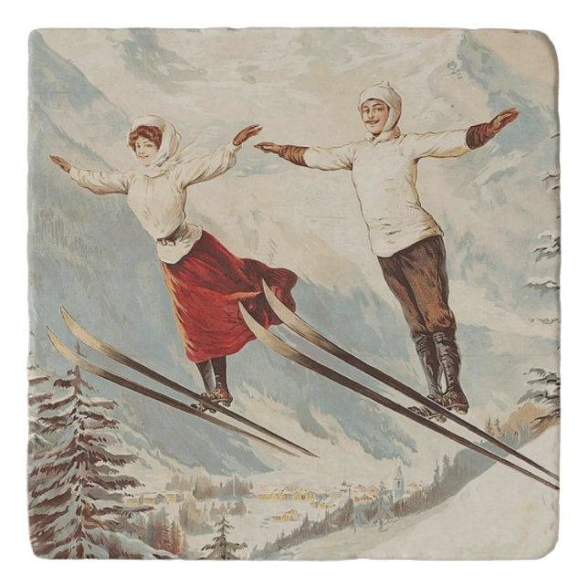 Chamonix Mont Blanc Vintage French Skiing Poster Trivet (Front)