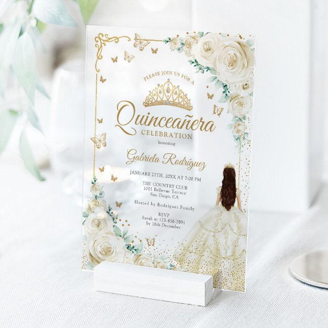 Champage Ivory Watercolor Roses Gold Quinceanera Acrylic Invitations (Creator Uploaded)