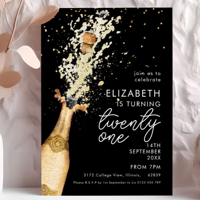 Champagne 21st Birthday Black Gold Invitation  (Creator Uploaded)