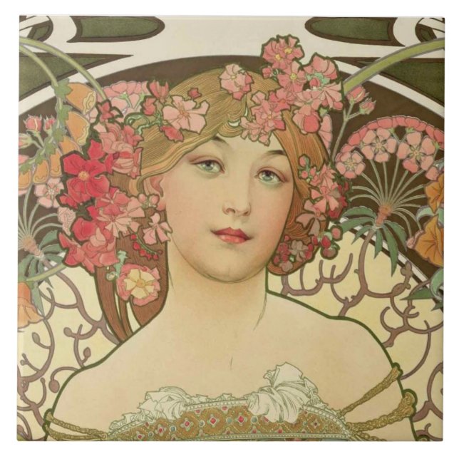 Champagne Alphonse Mucha Ceramic Tile (Front)