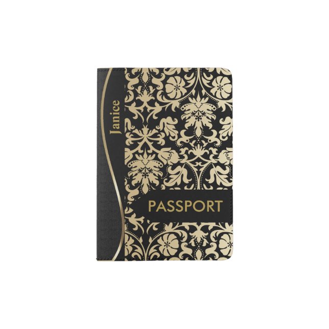 Champagne and Black Floral Damask Passport Holder (Front)