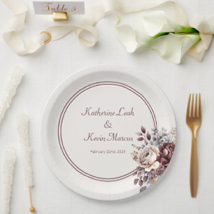 Champagne and Burgandy Floral Wedding Paper Plates