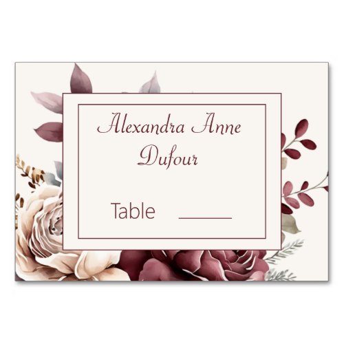 Champagne and Burgandy Floral Wedding Table Number